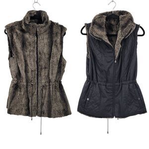 Reversible Womens Giacca Gray Vegan Faux Fur Vest Black Quilted Vest Sz L Pocket